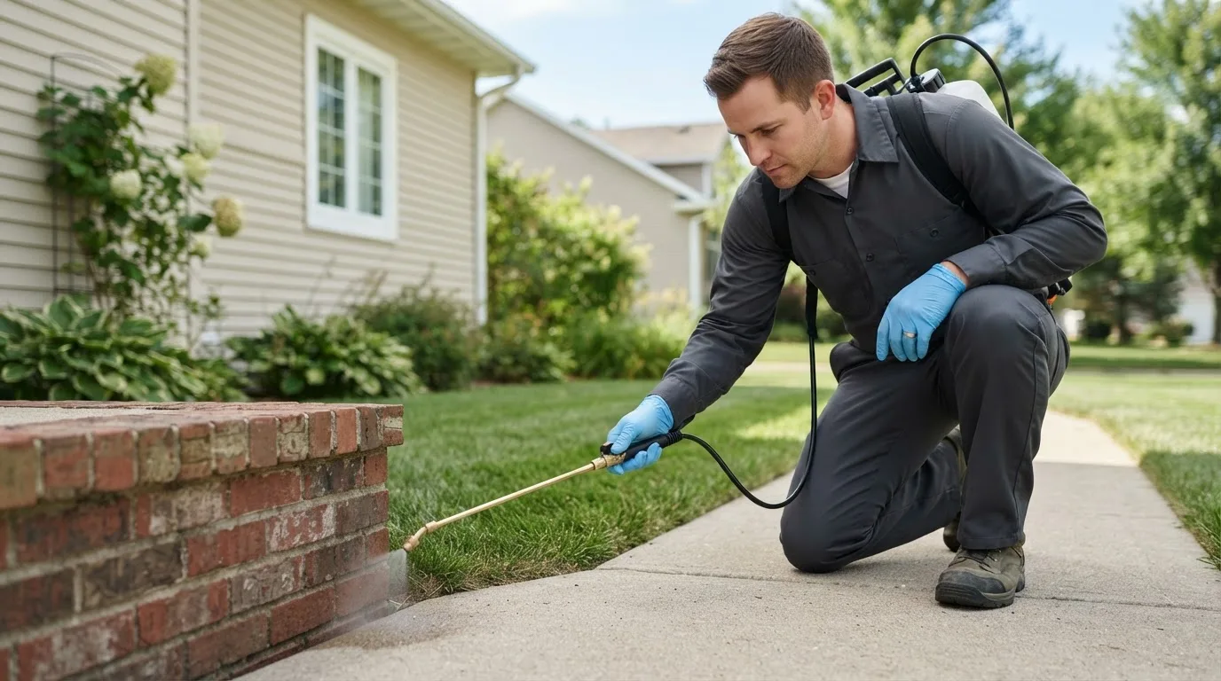 Pest control technician treating a home near Speonk, NY